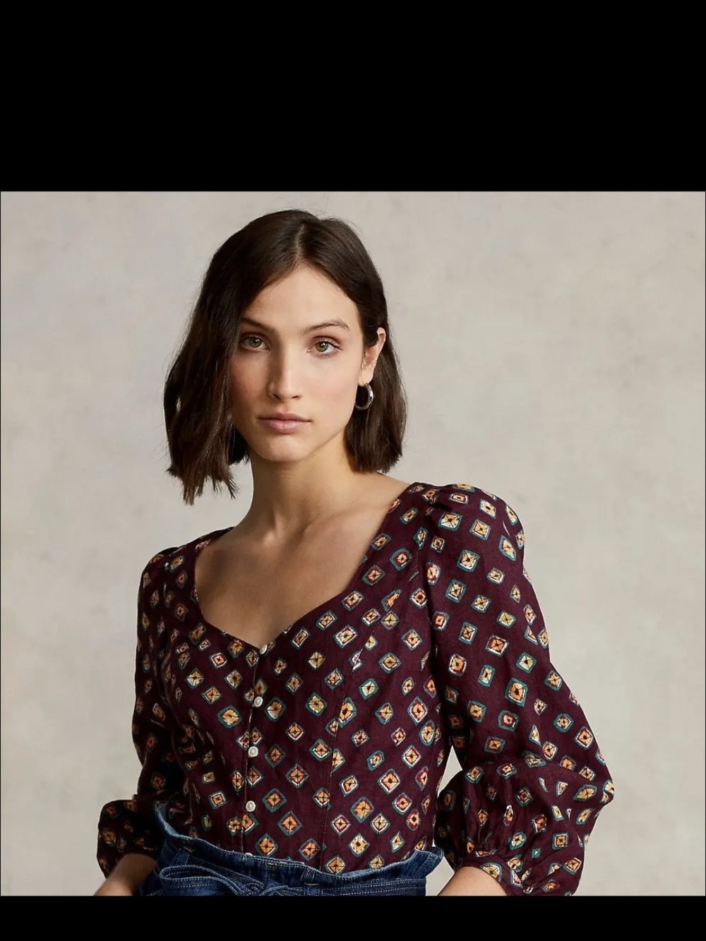 Ralph Lauren Burgundy Geometric Print Linen Blouse